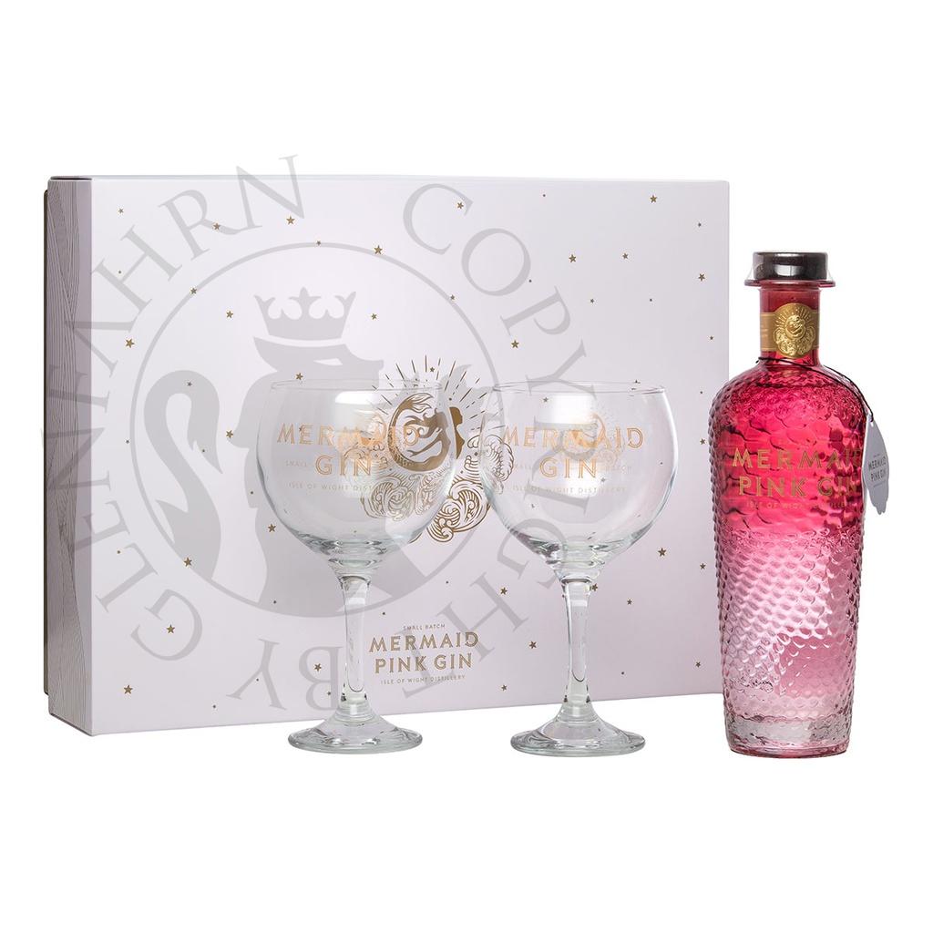 Mermaid Pink Gin Isle of Wight Small Batch Gin Geschenkpackung mit 2 Gläsern 70cl