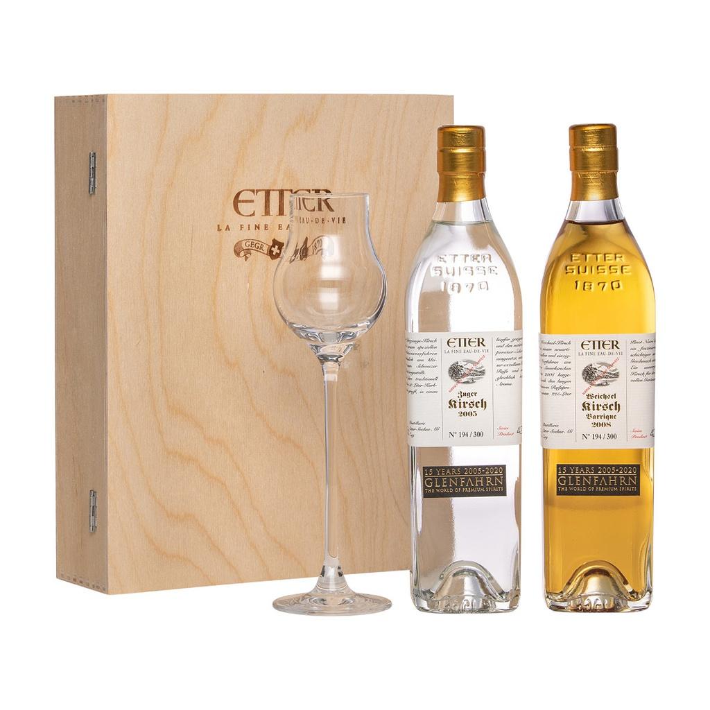 Etter Jahrgangs-Kirsch Set mit Glas Glen Fahrn 15th Anniversary Bottling Edel-Fruchtbrand 2x35cl