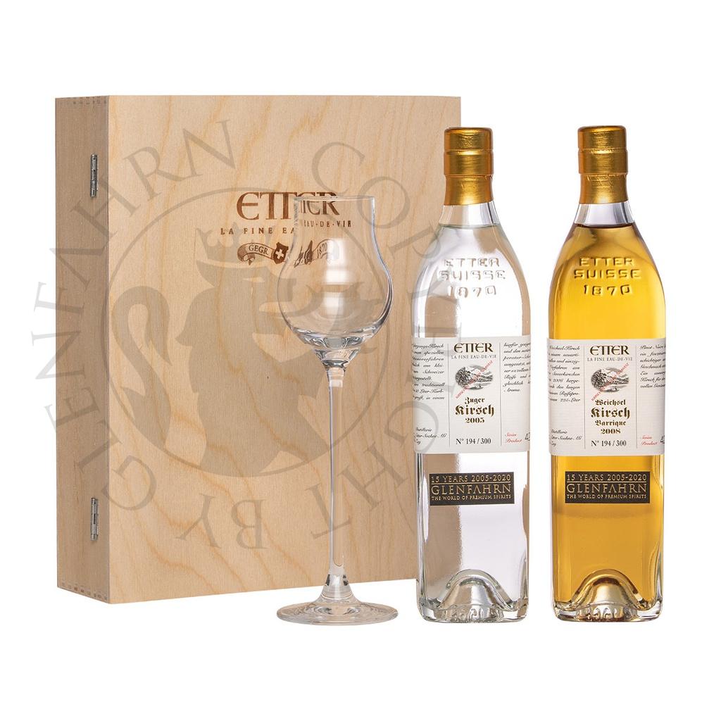 Etter Jahrgangs-Kirsch Set mit Glas Glen Fahrn 15th Anniversary Bottling Edel-Fruchtbrand 2x35cl