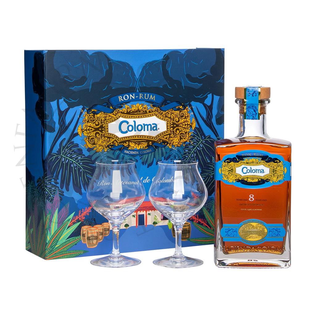 Coloma 8 anos Ron Artesanal de Colombia Geschenkpackung mit 2 Gläsern 70cl