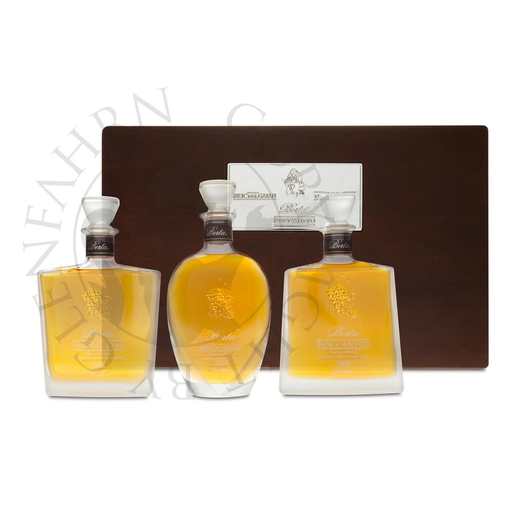 Berta Grappa Set La Cassetta Tre Selezioni Tre Soli Tre, Roccanivo, Bric del Gaian 3x70cl
