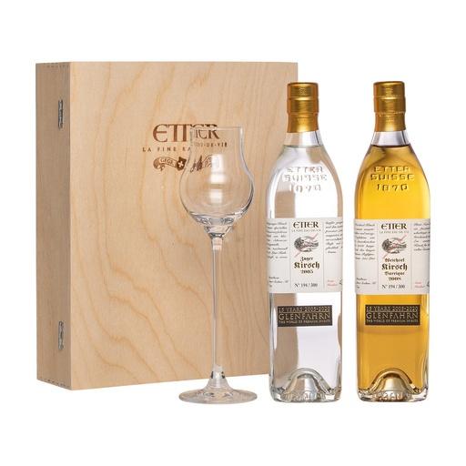 [obs286] Etter Jahrgangs-Kirsch Set mit Glas Glen Fahrn 15th Anniversary Bottling Edel-Fruchtbrand 2x35cl