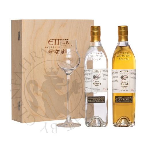 [obs286] Etter Jahrgangs-Kirsch Set mit Glas Glen Fahrn 15th Anniversary Bottling Edel-Fruchtbrand 2x35cl