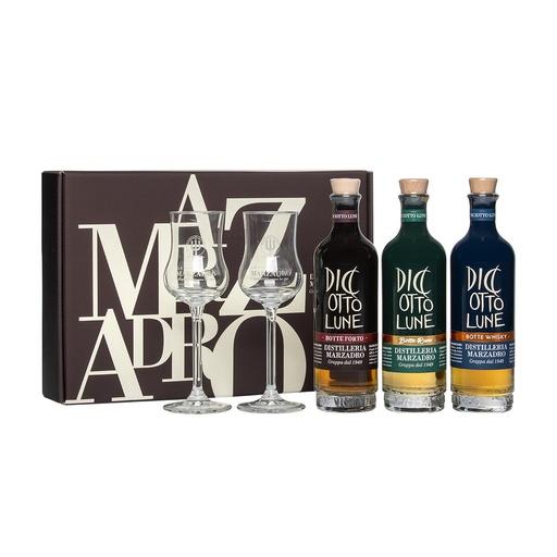 [gra511] Marzadro Collezione Le Diciotto Lune Riserve Botto Porto, Rum, Whisky - Grappa Set mit 2 Gläsern 3x20cl