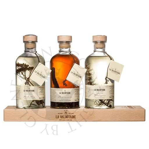 [gra455] La Valdotaine Papa Marcel Grappa Set Ginepro, Achillea, Tournevis 3x70cl