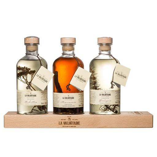 [gra455] La Valdotaine Papa Marcel Grappa Set Ginepro, Achillea, Tournevis 3x70cl