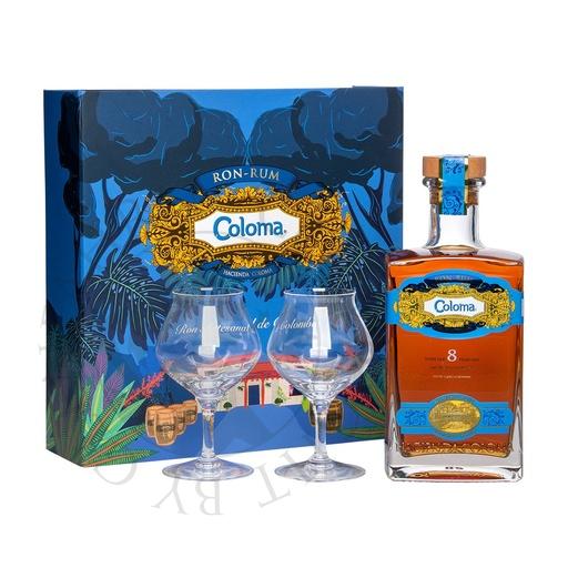 [rum515b] Coloma 8 anos Ron Artesanal de Colombia Geschenkpackung mit 2 Gläsern 70cl