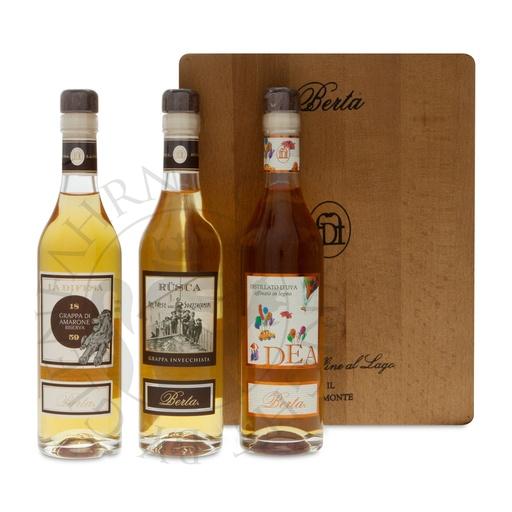 [gra263] Berta I Tre Gioielli Grappa Set in Holzkiste Difesa, Dea, Rüsca 3x20cl