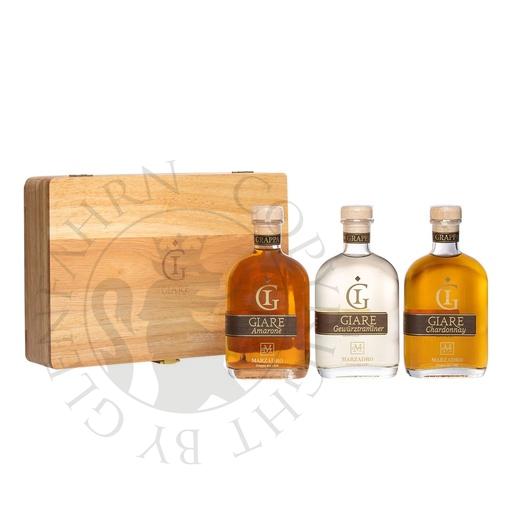 [gra268] Marzadro Collezione Giare Amarone, Chardonnay, Gewürztraminer Grappa Set 3x20cl